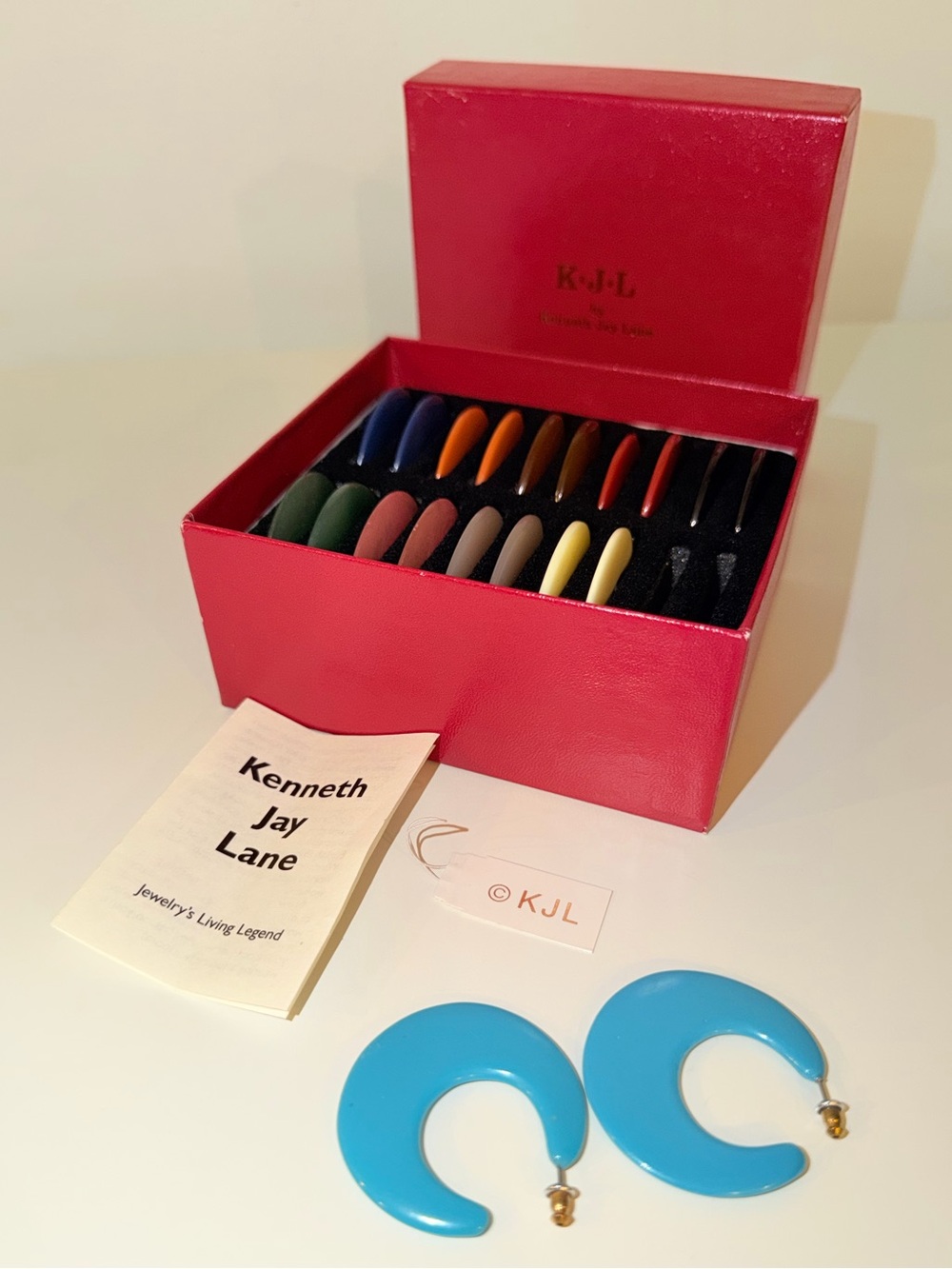 Vintage K.J.L by Kenneth Jay Lane 10 Colorful Hoop Pierced Earrings In Box